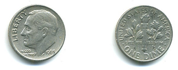 США 10 ЦЕНТОВ = 1 ДАЙМ 1965 РУЗВЕЛЬТ KM 195а медь плакированная медно-никелем 54-1146