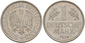 ФРГ 1 марка 1974 G KM 110, J. 385 медно-никель 4159-1133