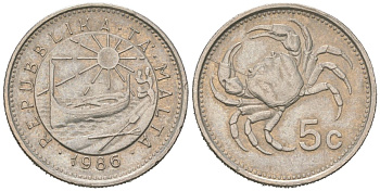 Мальта 5 центов 1986 краб KM 77 медно-никель 4528-1031