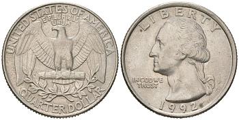 США 25 центов = квотер = 1/4 доллара 1992 P, Джордж Вашингтон KM 164a медь плакированная медно-никелем 216-743