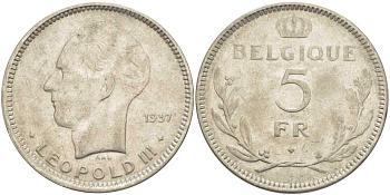 Бельгия 5 франков 1937 Леопольд III (1934-1951), Belgique KM 118 никель 3851-512