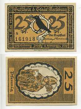 МЕРЗЕБУРГ 25 ПФЕННИГОВ 1921 НОТГЕЛЬД, 1 МАЯ 1921, ЗЕМЛЯ САКСОНИЯ-АНХАЛЬТ, БУКВА S, ЖЁЛТАЯ Grabowski 884.1 бумага 7217-53-8