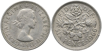 Великобритания 6 пенсов 1966 Елизавета II (1952-2022) KM 903, Spink 4149 медно-никель 4567-721