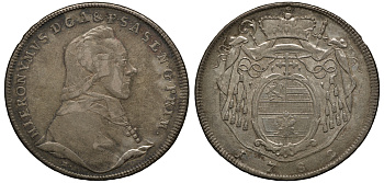 Австрия, Зальцбург 1 талер 1782 M, Иероним Йосеф (1772-1812) KM 435, Dav. 1263 серебро 00-816-28