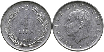 Турция 1 лира 1969 Мустафа Кемаль Ататюрк KM 889а.2 нержавеющая сталь 4538-1224