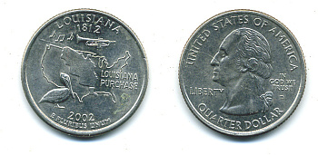 США 25 центов = квотер 2002 D, серия штаты США, Луизиана KM 333 медь плакированная медно-никелем 4388-831