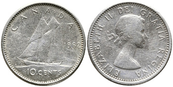 Канада 10 центов 1962 Елизавета II (1952-2022), парусник KM 51 серебро 4532-761