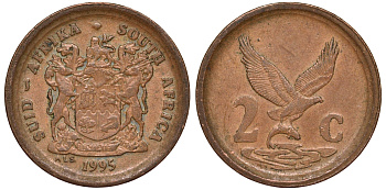 ЮАР 2 цента 1995 орел с рыбой KM 133 сталь плакированная медью 4164-535