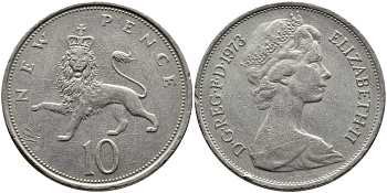 Великобритания 10 пенсов 1973 Елизавета II (1952-2022) KM 912, Spink 4231 (F1) медно-никель  4389-846
