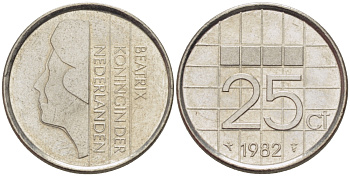Нидерланды 25 центов 1982 Беатрикс (1980-2013) KM 204 никель 66-1167
