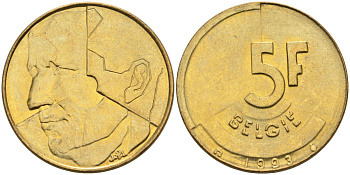 Бельгия 5 франков 1993 Belgie KM 164 алюминиевая бронза 4126-313