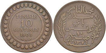 Тунис 10 сантимов 1908 АН1326, Мухаммад V ан-Насир KM 236 бронза 4526-221
