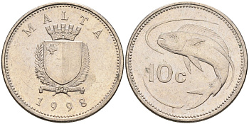 Мальта 10 центов 1998 золотая макрель KM 96 медно-никель 4588-252