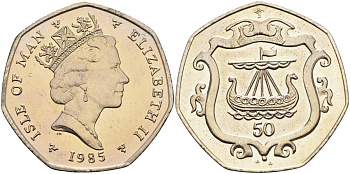 Остров Мэн 50 пенсов 1985 АА, корабль викингов, Елизавета II (1952) KM 148 медно-никель UNC 4583-643