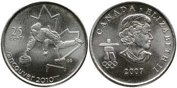 КАНАДА 25 ЦЕНТОВ 2007 СЕРИЯ ОЛИМПИЙСКИЕ ИГРЫ В ВАНКУВЕРЕ 2010 ГОДА, КЁРЛИНГ, ЕЛИЗАВЕТА II (1952-) KM никелированная сталь UNC 4543-553