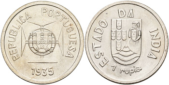 Португальская Индия 1 рупия 1935 мальтийский крест KM 22 серебро 1529-1213