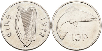 Ирландия 10 пенсов 1982 лосось KM 23 медно-никель 88-742