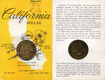 США медаль "Калифорнийский доллар - золотой штат" Эврика! Я нашел это. Открыл в 1542 году хуан родригес кабрильо. Limited Edition. В оригинальной упаковке UNC 1-3-1-10
