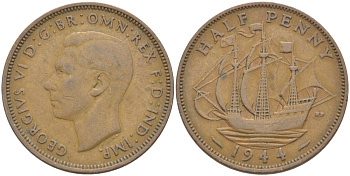 Великобритания 1/2 пенни 1944 Георг VI (1936-1952) KM 844, Spink 4115 бронза 59-1334