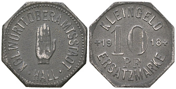 Швебиш-Халль 10 пфеннигов 1918 Funck 186.8, Men18 12736.8 железо 4617-242