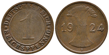 ГЕРМАНИЯ 1 РЕЙХСПФЕННИГ 1924 F KM 37, J. 313 бронза 39-854