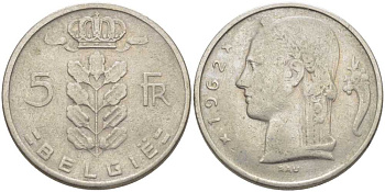 БЕЛЬГИЯ 5 ФРАНКОВ 1962 BELGIE, БОДУЭН I (1951-1993) KM 135.1 медно-никель 119-753