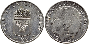 Швеция 1 крона 1991 Карл XVI Густав (1973- ) KM 852a медно-никель 4384-217