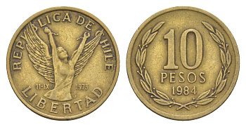 Чили 10 песо 1984 KM 218 латунь 4655-919