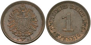 Германия 1 пфенниг 1875 A, Вильгельм I (1871-1888) KM 1, J. 1 медь 4602-824