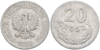 ПОЛЬША 20 ГРОШЕЙ 1968 MW KM А47 алюминий 106-436