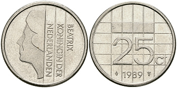 НИДЕРЛАНДЫ 25 ЦЕНТОВ 1989 БЕАТРИКС KM 204 никель 96-321