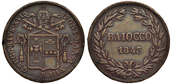 Ватикан 1 байоччо 1843 A.XIII. R медь 1521-243