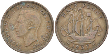 Великобритания 1/2 пенни 1937 Георг VI (1936-1952) KM 844, Spink 4115 бронза 4514-1243