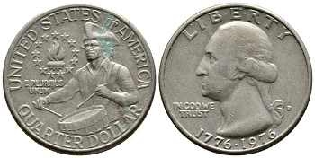 США 25 центов = квотер 1976 200 лет независимости (1776-1976), Вашингтон, барабанщик KM 204 медь плакированная медно-никелем 80-432