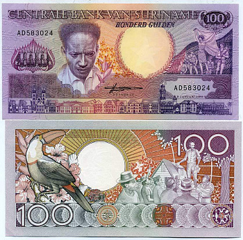 Суринам 100 гульденов 1988 Антон де Ком, тукан на ветке Pick 133 b бумага UNC (пресс) 6280-57-1