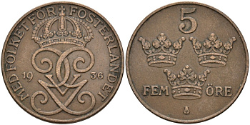 Швеция 5 эре 1936 Густав V (1907-1950), short 6 KM 779.2 бронза 4557-632