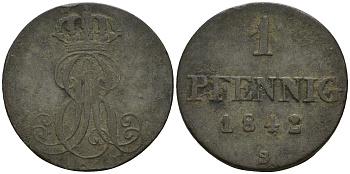 Ганновер 1 пфенниг 1842 S, Эрнст Август (1837-1851) KM 173.3, AKS 128, J. 54 медь 4608-353