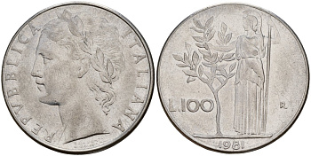 Италия 100 лир 1981 R, Афина у оливкого дерева KM 96.1 нержавеющая сталь 4149-1234