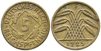 ГЕРМАНИЯ 5 РЕЙХСПФЕННИГОВ 1925 F KM 39, J. 316 алюминиевая бронза 39-538