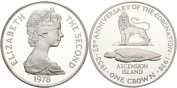 Остров Вознесения 1 крона 1978 25 лет коронации Елизаветы II, в оригинальной коробке KM 1 а серебро  PROOF  00-000-00