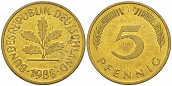 ФРГ 5 ПФЕННИГОВ 1988 J KM 107, J. 382 сталь плакированная латунью 4396-1653
