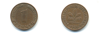 ФРГ 1 ПФЕННИГ 1950 F KM 105, J.380 сталь плакированная медью 176-654