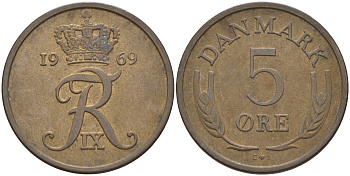 ДАНИЯ 5 ЭРЕ 1969 C; S, ФРЕДЕРИК IX (1947-1972) KM 848.1 бронза 106-117