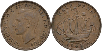 Великобритания 1/2 пенни 1947 Георг VI (1936-1952) KM 844, Spink 4115 бронза 4146-241