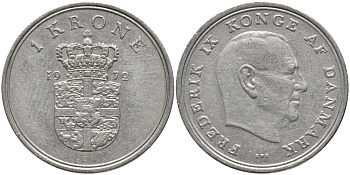 Дания 1 крона 1972 C;S, Фредерик IX (1947-1972) KM 851.1 медно-никель 113-911