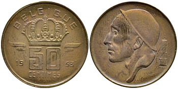 БЕЛЬГИЯ 50 САНТИМОВ 1953 BELGIQUE KM 144 бронза 4392-762