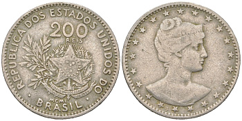 Бразилия 200 реалов 1901 MCMI, голова свободы вправо KM 504 медно-никель 4612-256