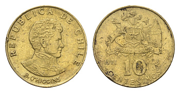 Чили 10 сентесимо 1971 KM 191 алюминиевая бронза 4664-428