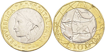 ИТАЛИЯ 1000 ЛИР 1997 R, ЕВРОСОЮЗ KM 194 биметалл 4545-815