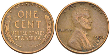 США 1 ЦЕНТ 1950 D, ЛИНКОЛЬН KM А132 медь цинк 218-538